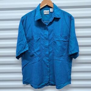 Joule Energy Shirt LG Womens Teal Blue 100% Silk Short Sleeve Button Up Vintage